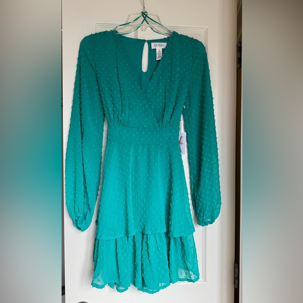 Jessica Simpson Long Sleeve Flowy SwissDot Ruffle Dress.